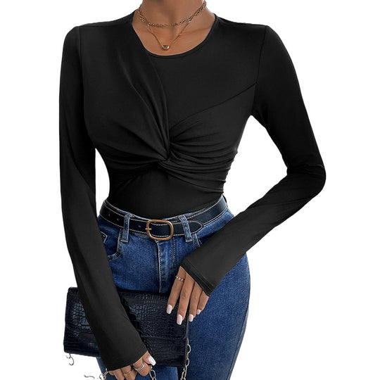 Damen Figurbetontes Twist-Longsleeve mit Knotendetail und Rundhalsausschnitt Shop Nory