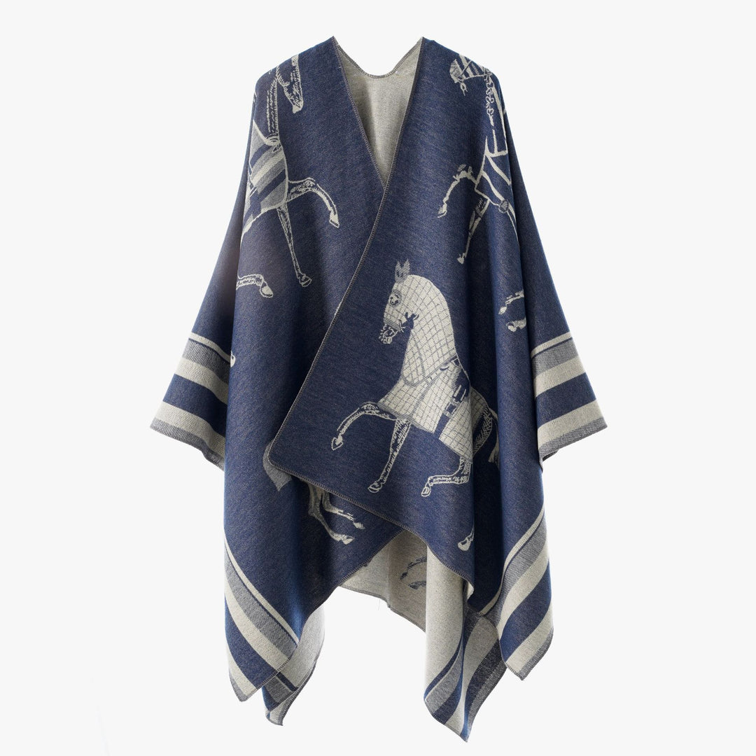Damen Jacquard-Poncho-Überwurf mit Pferde-Motiv und kastiger Kimono-Silhouette Shop Nory