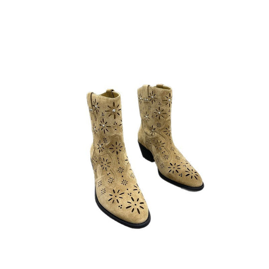 Damen Western‑Stiefeletten aus Wildleder mit Laser‑Cut Blumenmuster und mittelhohem Blockabsatz Shop Nory