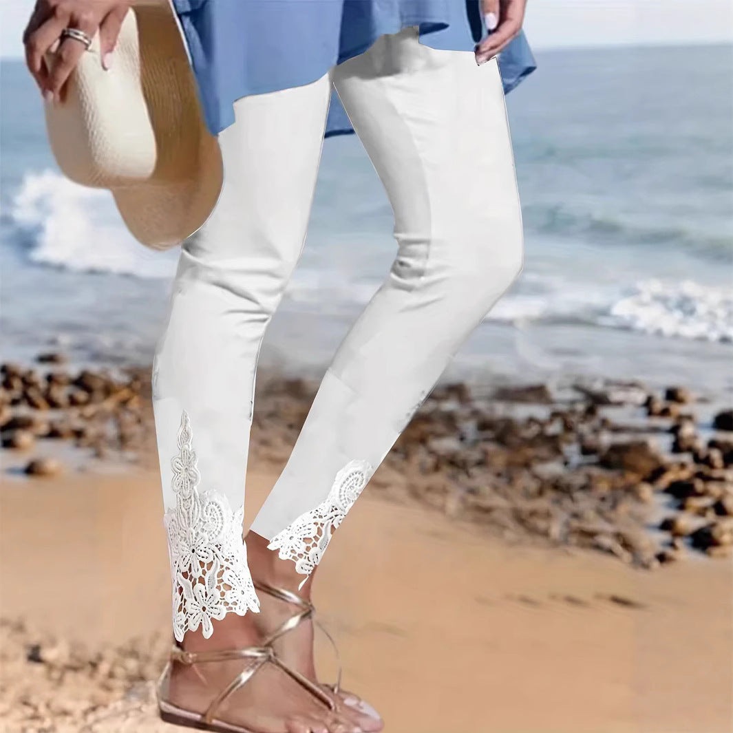 Damen Leggings mit spitzenbesetztem Saum und elastischem Bund