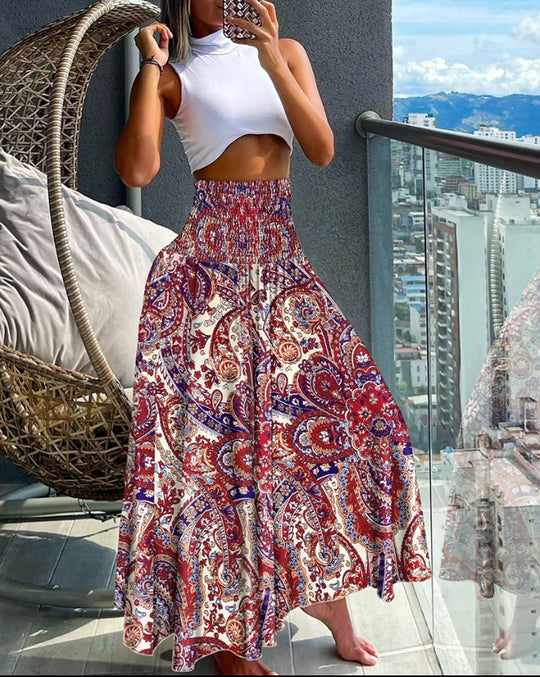 Damen Maxirock mit hohem Smockbund und weitem Boho-Print Shop Nory