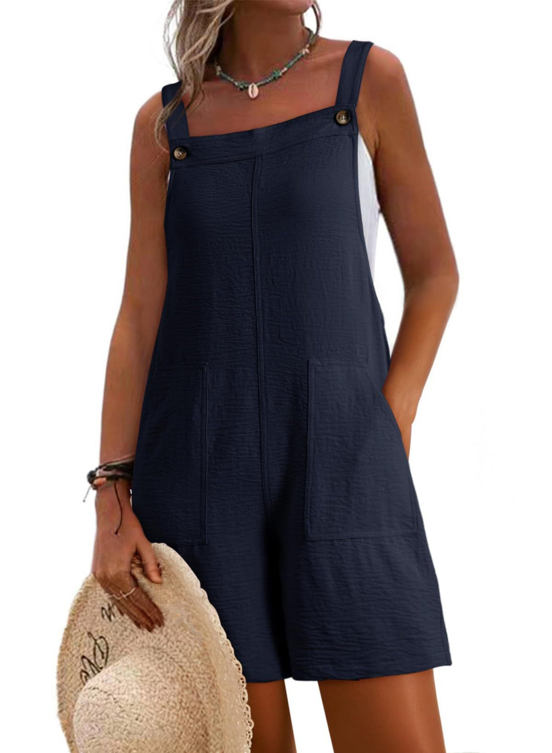 Damen Lässiger Kurz-Overall mit Trägern, Fronttaschen und Leinenoptik Shop Nory