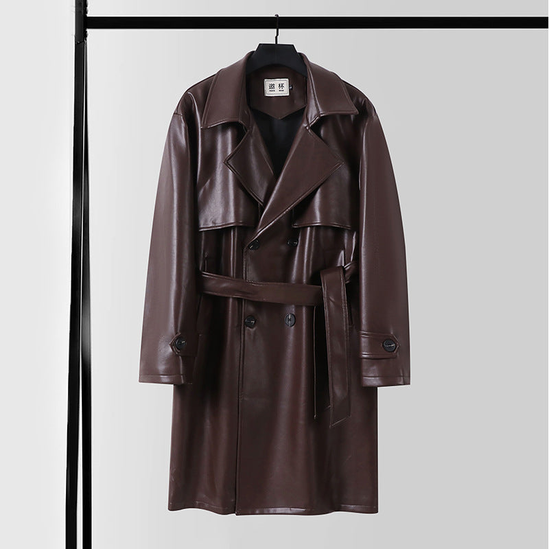Herren Lederimitat-Trenchcoat mit Doppelreiher, Oversize-Schnitt und Manschettenriegel Shop Nory