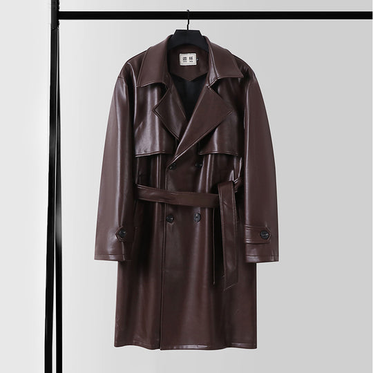 Herren Lederimitat-Trenchcoat mit Doppelreiher, Oversize-Schnitt und Manschettenriegel Shop Nory