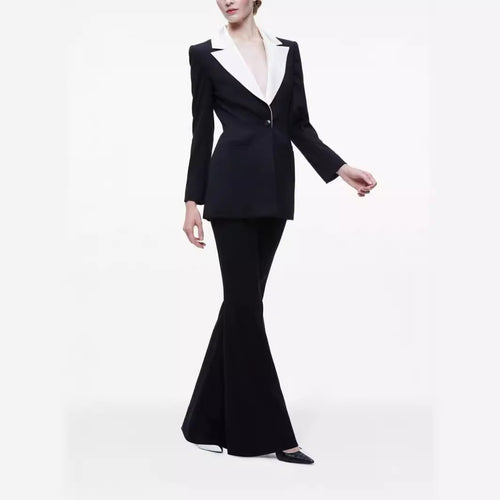 Damen Elegantes Zweiteiliges Smokingset mit kontrastierendem Schalkragen und ausgestellter Schlaghose Shop Nory