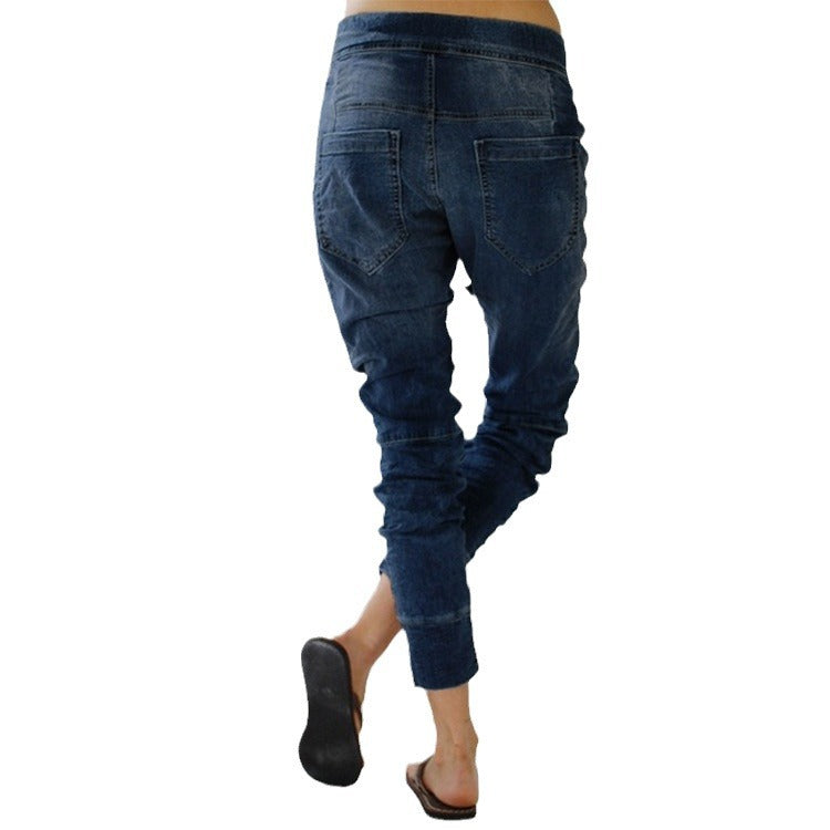 Damen lässige Denim-Haremshose mit Gummizug und tiefem Schritt