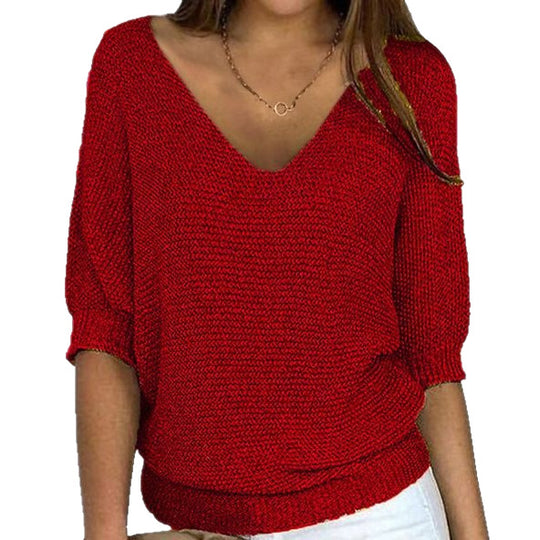 Damen nan lässiger Strickpullover mit V-Ausschnitt und Fledermausärmeln Shop Nory