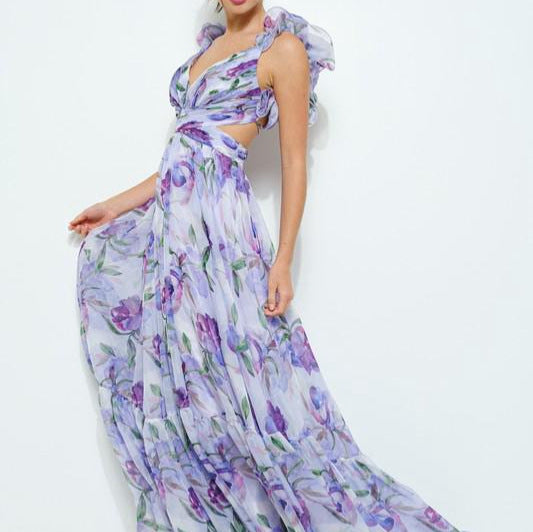 Damen Maxi-Kleid mit floralen Rüschen und schwingendem Design