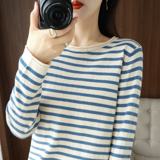 Damen Maritim inspirierter Baumwoll-Feinstrickpullover mit Streifen und leicht kastiger Silhouette Shop Nory