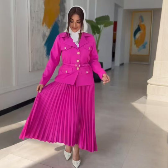 Damen Taillierter Blazer mit Gürtel und Plissierter Maxirock Set Shop Nory