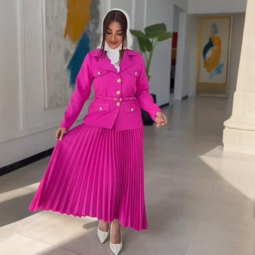 Damen Taillierter Blazer mit Gürtel und Plissierter Maxirock Set Shop Nory
