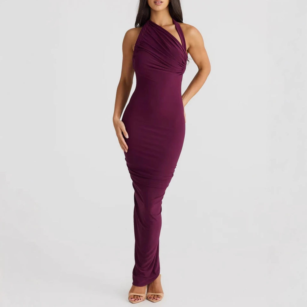 Damen Elegantes langes Wickelkleid mit schulterfreiem Design und gerafftem Oberteil