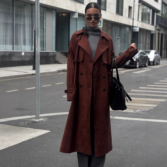 Damen langer Trenchcoat aus Veloursimitat mit doppelter Knopfleiste Shop Nory