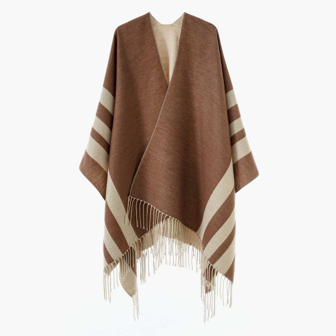 Damen Wendbarer Strickcape-Poncho mit Fransen und kontrastierenden Streifen Shop Nory