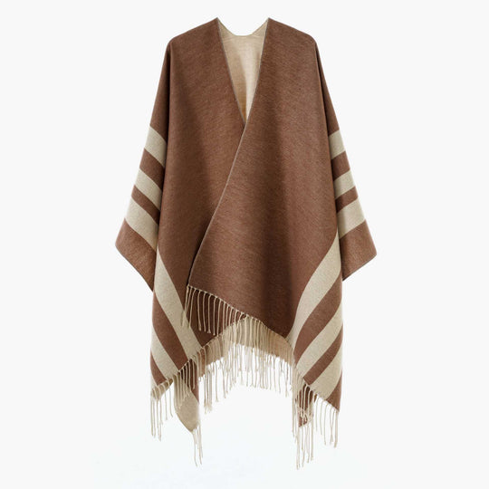 Damen Großer Wollmix Fransenponcho mit diagonalen Kontraststreifen Shop Nory
