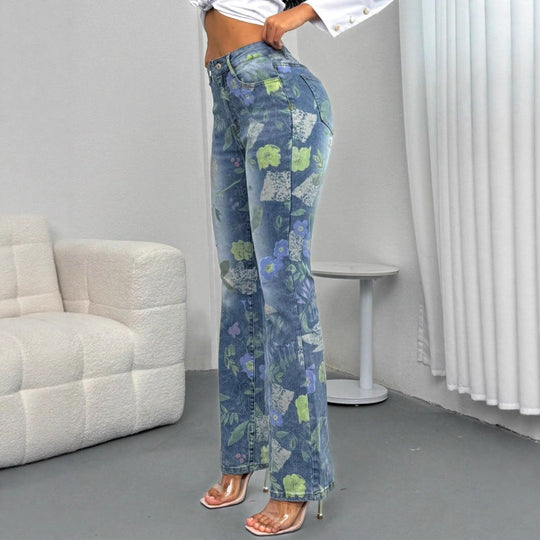 Damen Hochtaillierte Straight-Jeans mit floraler Allover-Print und leichtem Schlag Shop Nory