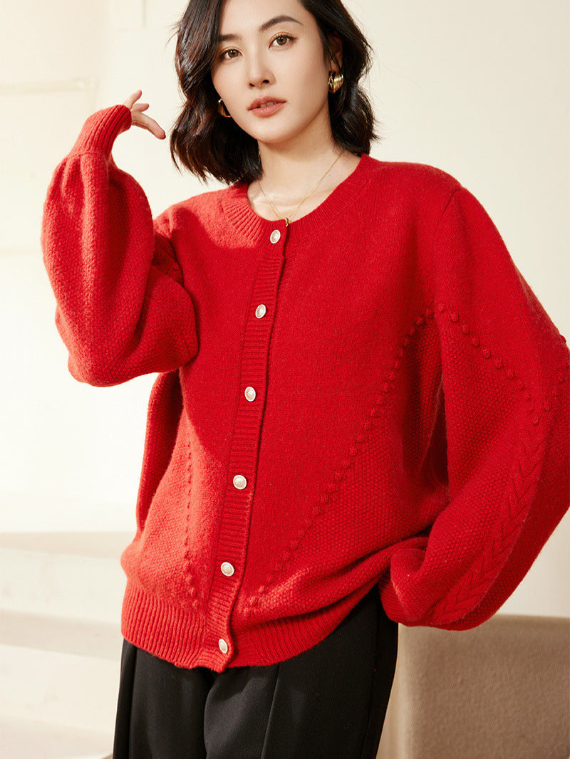 Damen Strickcardigan mit Strukturmuster, Ballonärmeln und Perlmuttknopfleiste Shop Nory