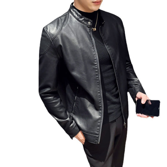 Herren schlanker Kunstlederblouson Motorrad-inspiriertes Design mit kurzem Stehkragen und verdecktem Reißverschluss Shop Nory