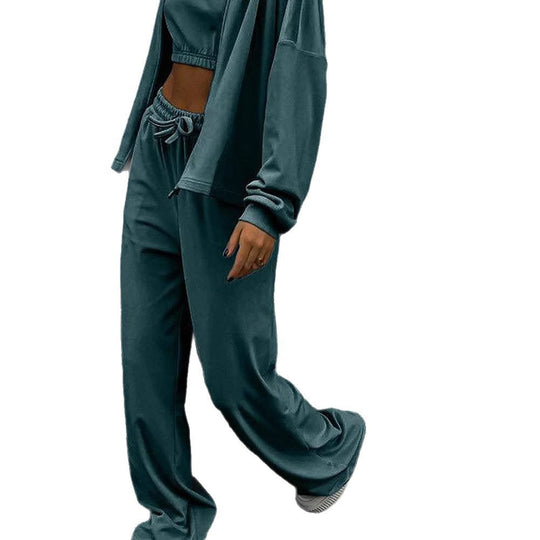 Damen weiches Velours-Lounge-Set mit kurzem Reißverschluss, extra langen Tunnelzügen und hochgeschnittener Komforthose Shop Nory