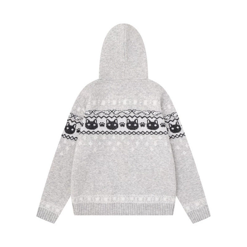 Damen Kapuzen-Strickjacke mit Norwegermuster, zweifachem Reißverschluss und Kängurutaschen Shop Nory