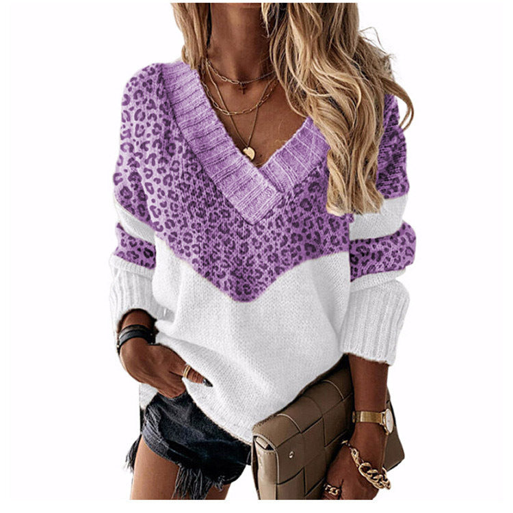 Damen V‑Ausschnitt Strickpullover mit Leo‑Print und Colorblock‑Design Shop Nory