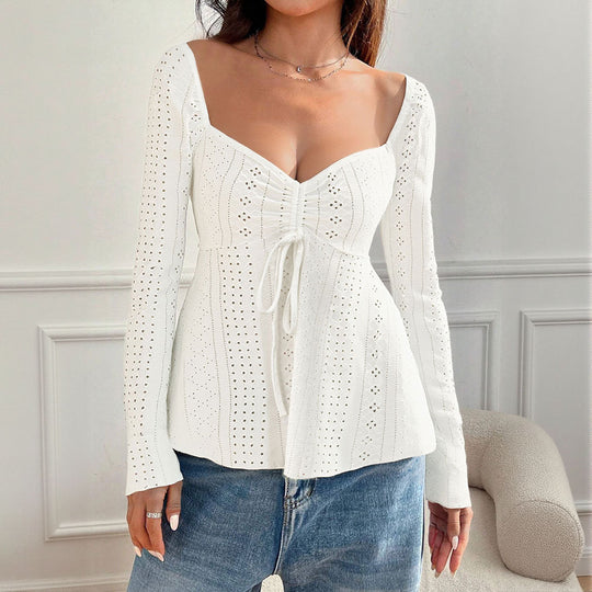 Damen besticktes Broderie-Anglaise Langarm-Top mit Raffung, V‑Ausschnitt‑Effekt und tailliertem Schößchen Shop Nory