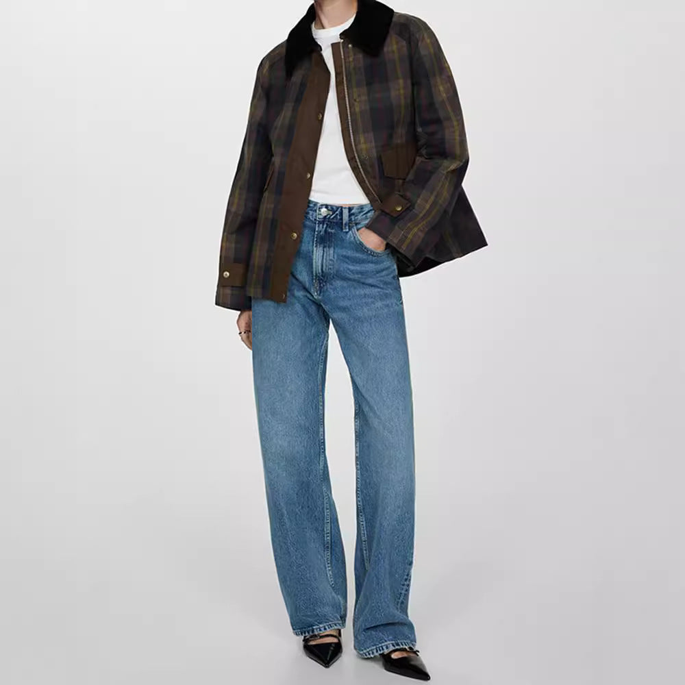 Damen Karierte Jacke mit weichem Cordkragen