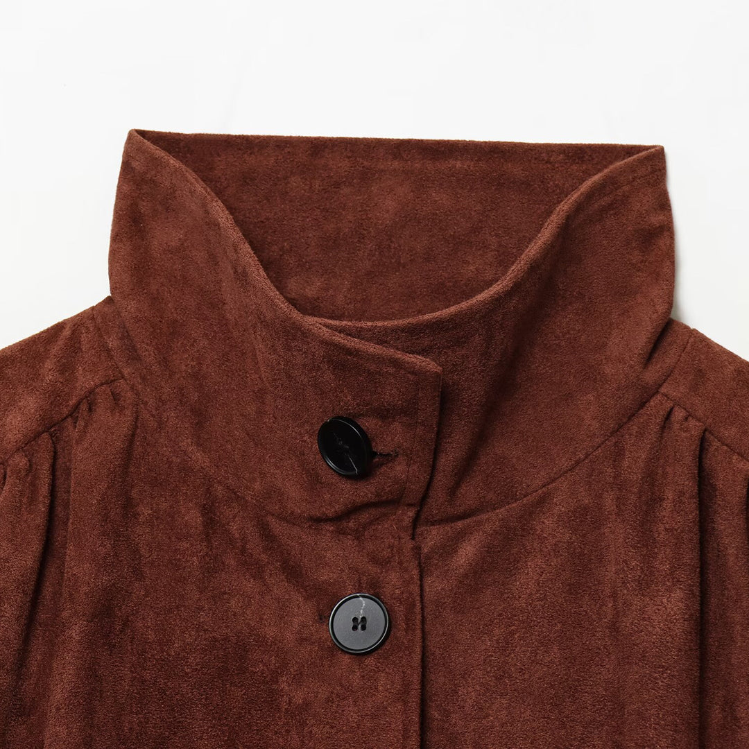 Damen Kurzjacke aus Velourslederimitat mit Stehkragen, gerafften Balloonärmeln und Knopfleiste Shop Nory
