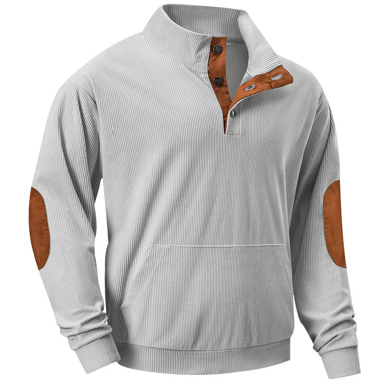 Herren Strukturiertes Ripp-Henley-Sweatshirt mit Stehkragen, Kängurutasche & Velours-Ellbogenpatches Shop Nory