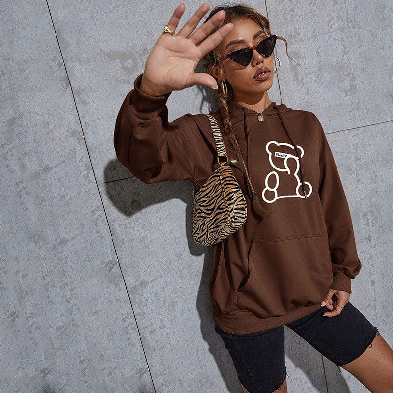 Damen Oversize-Kapuzenpullover mit Teddy-Grafik, Kängurutasche und Tunnelzug Shop Nory