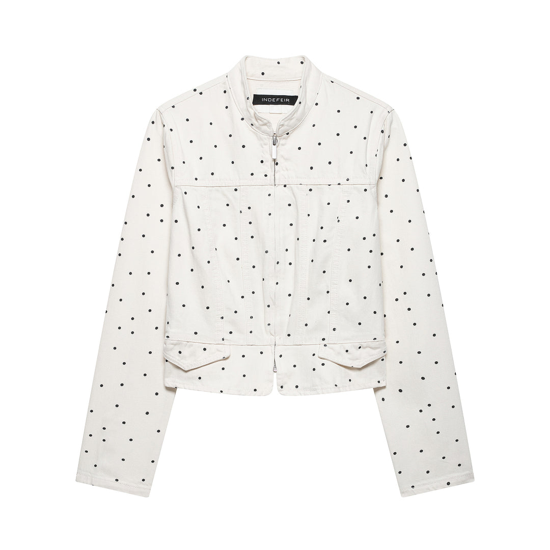 Damen Gepunktete Cropped Jeansjacke mit Stehkragen, Reißverschluss und Pattentaschen Shop Nory
