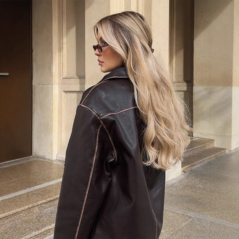 Damen Kurze Lederimitatjacke im Aviator-Look mit kontrastierenden Ziernähten Shop Nory