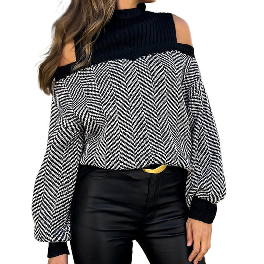 Damen Schulterfreier Strickpullover mit Fischgrätmuster und weitem Ballonärmel Shop Nory