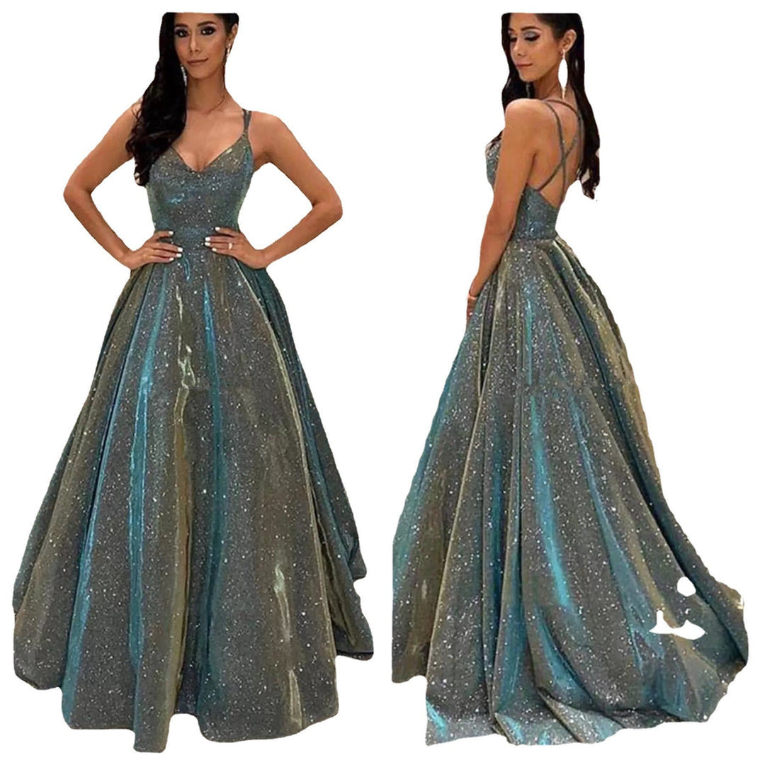 Damen Spaghettiträger V-Ausschnitt A-Linie Glitzer Maxi Ballkleid