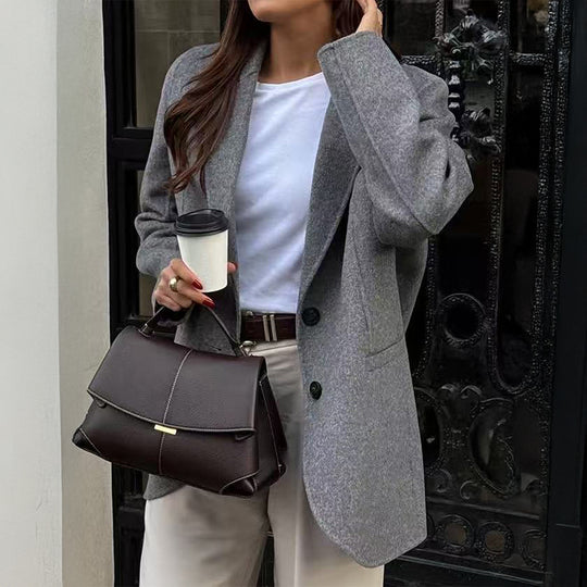 Damen nan lässiger Woll-Mantel im Boyfriend-Schnitt mit tiefem Revers und aufgesetzten Pattentaschen Shop Nory