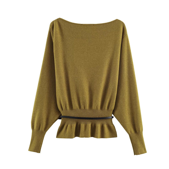 Damen Oversize-Strickpullover mit U-Boot-Ausschnitt, Fledermausärmeln, gerafftem Rippbund und Taillengürtel Shop Nory