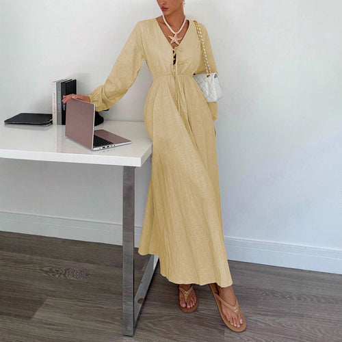 Damen Maxi‑Leinenkleid mit V‑Ausschnitt, Bindefront und Ballonärmeln Shop Nory