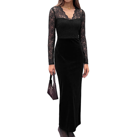 Damen Abendkleid mit transparenten Spitzenärmeln, Samtrock und Illusions‑Herzausschnitt Shop Nory