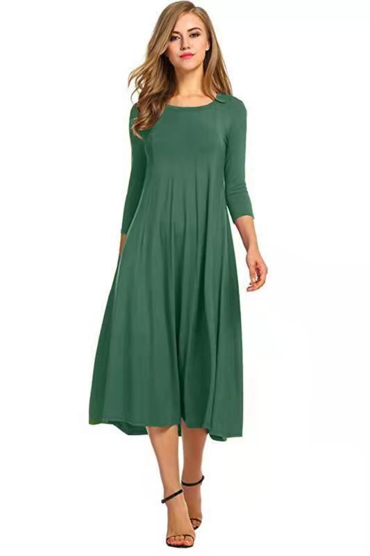 Quadrat-Ausschnitt 3/4-Lange Uni-Farbe Midi-Kleid