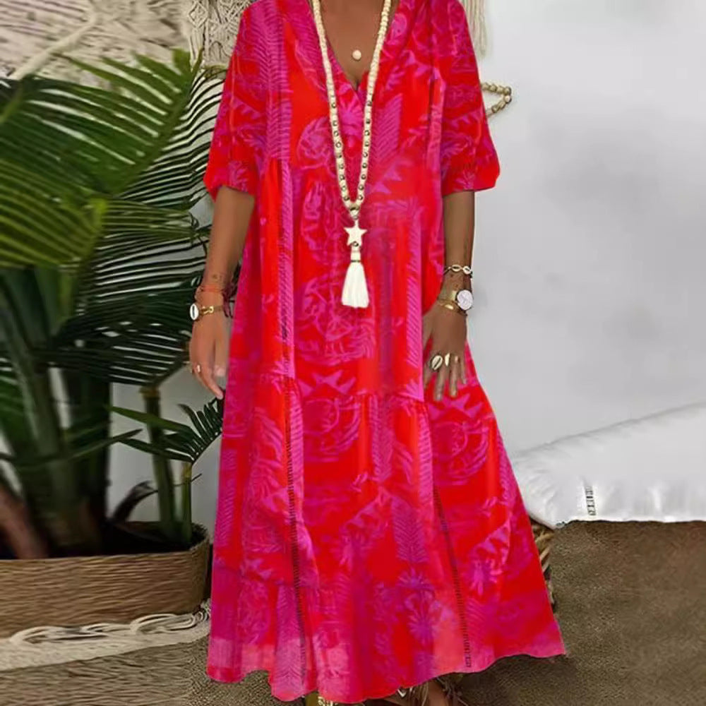 Damen elegantes Maxikleid mit floralen Motiven und V-Ausschnitt