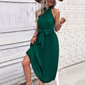 Damen elegantes Midikleid mit raffiniertem plissiertem Design und taillierbarem Gürtel