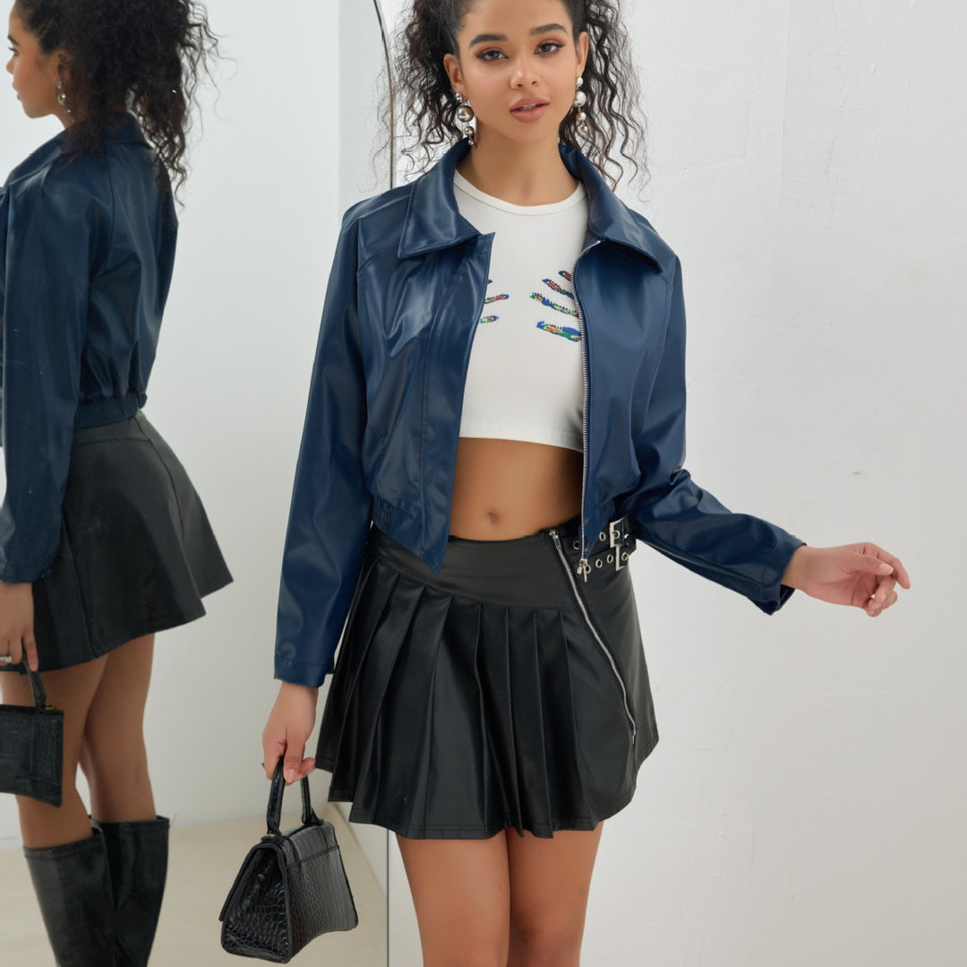 Damen Kurz geschnittene Kunstlederjacke mit Hemdkragen, Reißverschluss und elastischem Saum Shop Nory