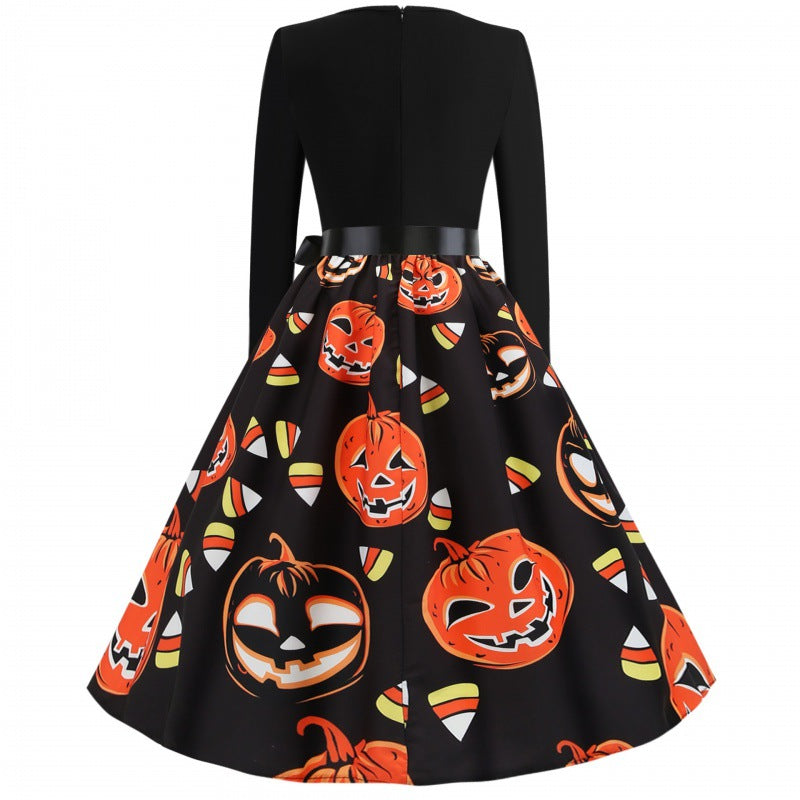 Damen Retro Swing-Kleid mit Halloween Kürbisprint und Taillenschleife Shop Nory