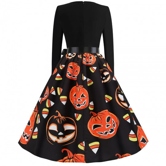 Damen Retro Swing-Kleid mit Halloween Kürbisprint und Taillenschleife Shop Nory