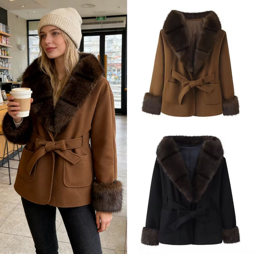 Damen Kurzer Wollmix-Mantel mit Kunstfellkragen, Taillengürtel und aufgesetzten Taschen Shop Nory