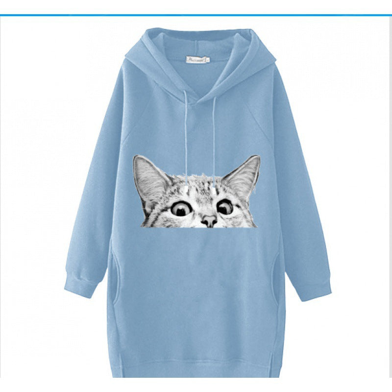 Damen Oversize Kapuzenkleid aus Sweat mit großem Katzenprint und Seitentaschen Shop Nory
