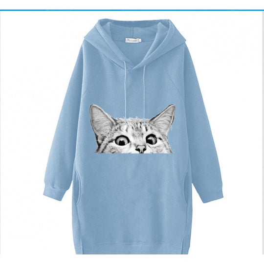 Damen Oversize Kapuzenkleid aus Sweat mit großem Katzenprint und Seitentaschen Shop Nory