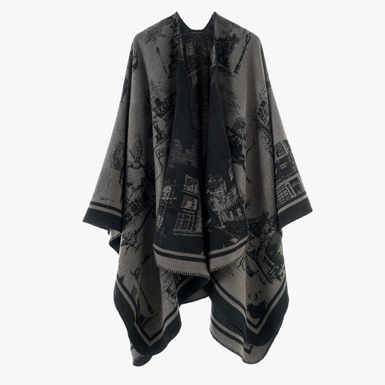 Damen Zweifarbiger Wolloptik-Überwurf mit Jacquard‑Stadtmotiv und offener Wasserfallfront Shop Nory