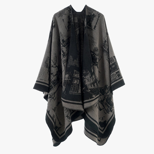Damen Zweifarbiger Wolloptik-Überwurf mit Jacquard‑Stadtmotiv und offener Wasserfallfront Shop Nory