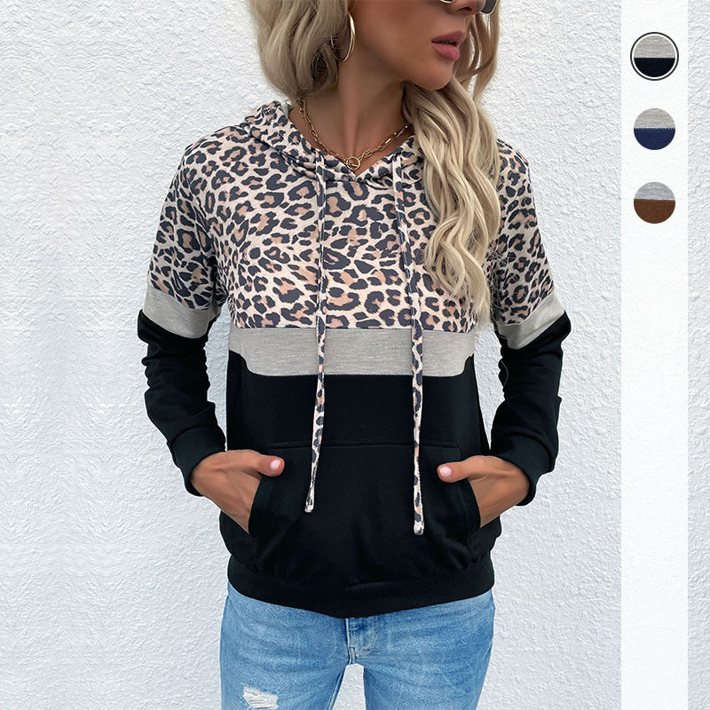 Damen Kapuzenpullover mit Leo-Print, Colorblock-Einsatz und Kängurutasche Shop Nory